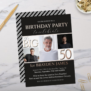Con Relieve Metalizado Elegante Rosa Negro Oro 50 cumpleaños invitación