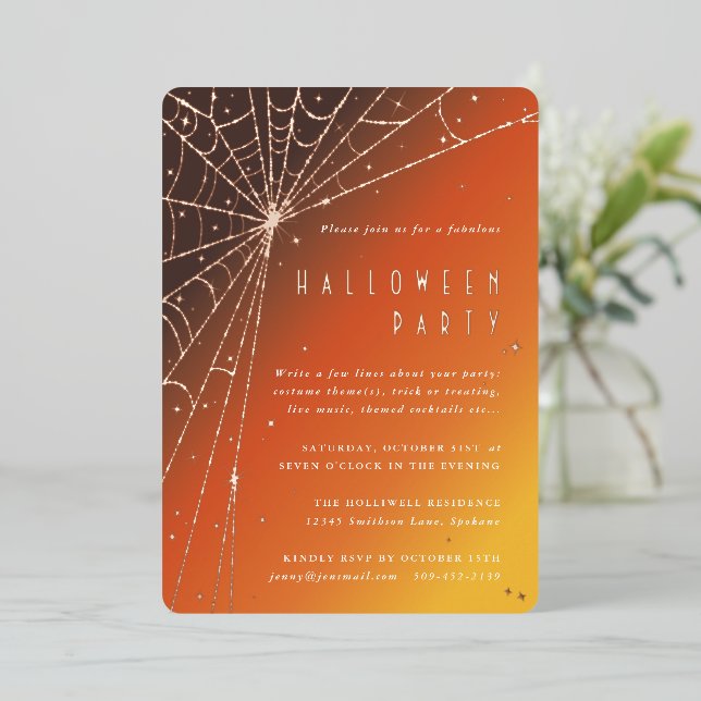 Con Relieve Metalizado Elegante Spider Web Halloween Party Invitación al  (Anverso de pie)