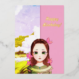 Con Relieve Metalizado Feliz cumpleaños a la Chica Cute Anime Invitación