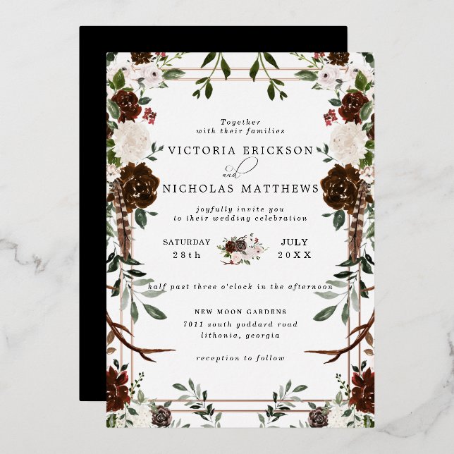 Con Relieve Metalizado Floral rústica | Invitación a bodas botánicas Boho (Anverso/Reverso)