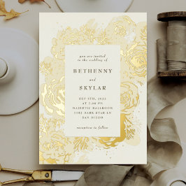 Con Relieve Metalizado Florece el oro  Invitación de papel de aluminio