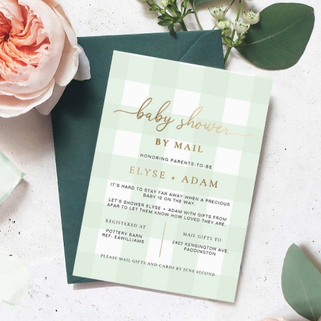 Con Relieve Metalizado Green Gingham Baby Shower Por Invitación Al Reliev (Baby Shower By Mail Invitation Mint Green Gingham )