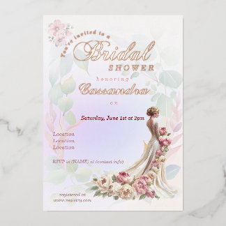 Con Relieve Metalizado Hermosa Invitación Femenina Floral para Despedida 