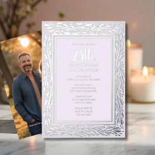 Con Relieve Metalizado Invitación 25 Aniversario de Boda Floral Plateado