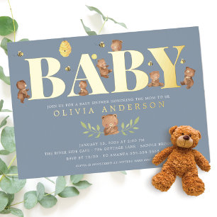 Con Relieve Metalizado Invitación a Baby Shower de Blue Honey Bear