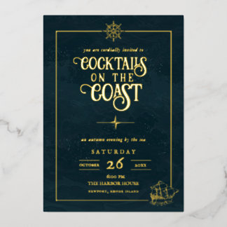 Con Relieve Metalizado Invitación a fiesta de cócteles costeros | Dorado 