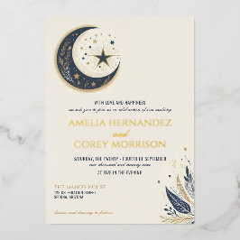Con Relieve Metalizado Invitación a la Boda Celestial Azul y Oro