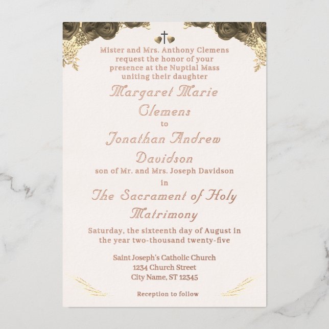Con Relieve Metalizado Invitación a la boda de Gracia Católica (Anverso)
