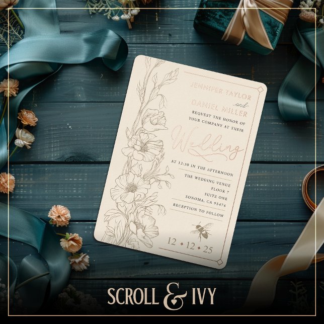 Con Relieve Metalizado Invitación a la boda de la floración Art Deco Rust (Subido por el creador)