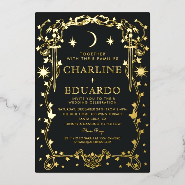 Con Relieve Metalizado Invitación a la boda de la novia dorada Sun&Moon (Anverso)