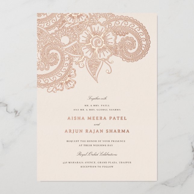 Con Relieve Metalizado Invitación a la boda de Mod Mehandi (Anverso)
