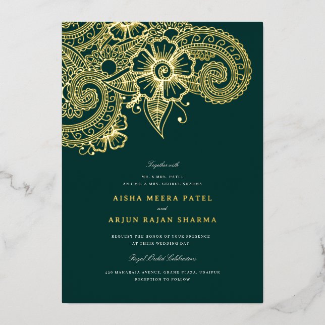 Con Relieve Metalizado Invitación a la boda de Mod Mehandi (Anverso)