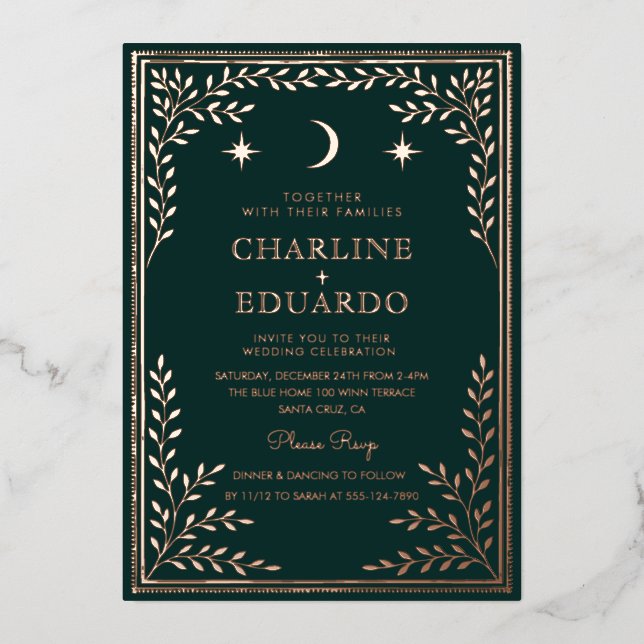 Con Relieve Metalizado Invitación a la boda de ornamentos de marfil verde (Anverso)