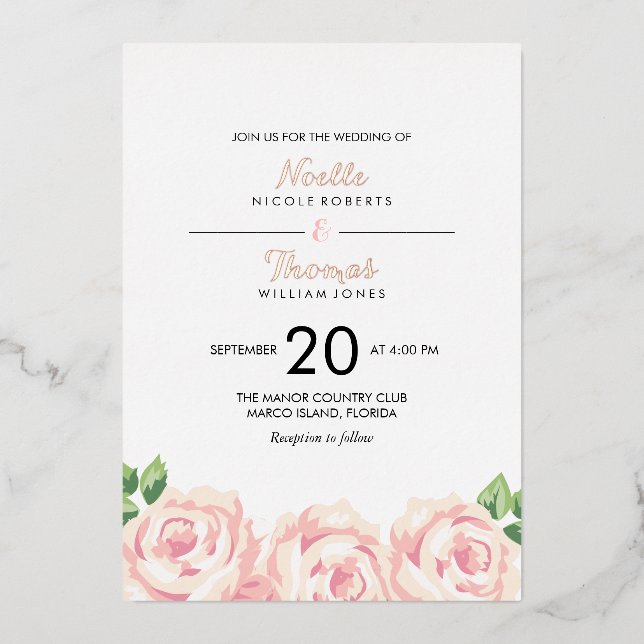 Con Relieve Metalizado Invitación a la boda de Rosas de la época (Anverso)