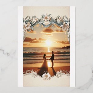 Con Relieve Metalizado Invitación a la boda del atardecer en la playa   O
