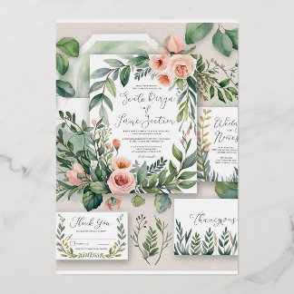 Con Relieve Metalizado Invitación a la boda floral de acuarela romántica 