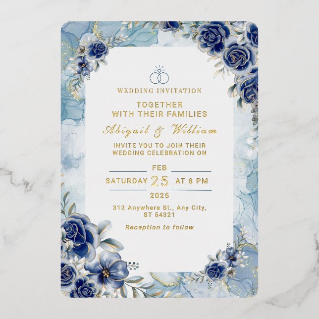 Con Relieve Metalizado Invitación a la Boda Floral de Flor Azul Romántica (Anverso)