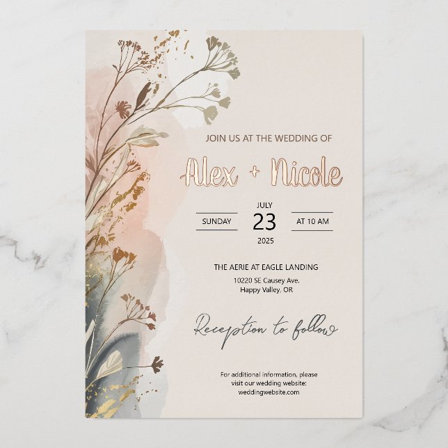 Con Relieve Metalizado Invitación a la boda - Flores Wispy (Anverso)
