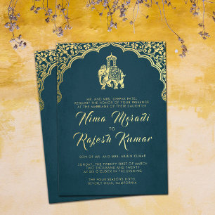 Con Relieve Metalizado Invitación a la boda india Red Gold Ganesha