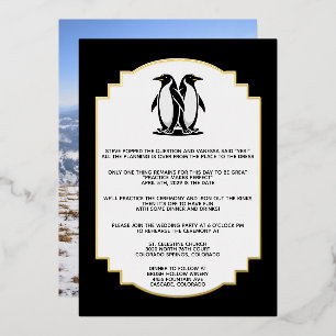 Con Relieve Metalizado Invitación a la cena de ensayo de amor de pingüino