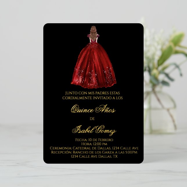 Con Relieve Metalizado Invitación a la quinceañera de silueta negra (Anverso de pie)
