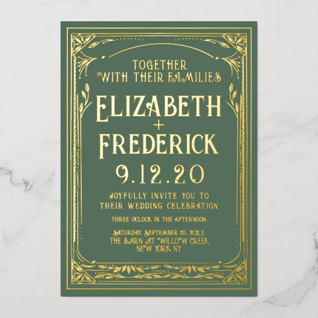 Con Relieve Metalizado Invitación a matrimonio de impresión antigua verde (Anverso)