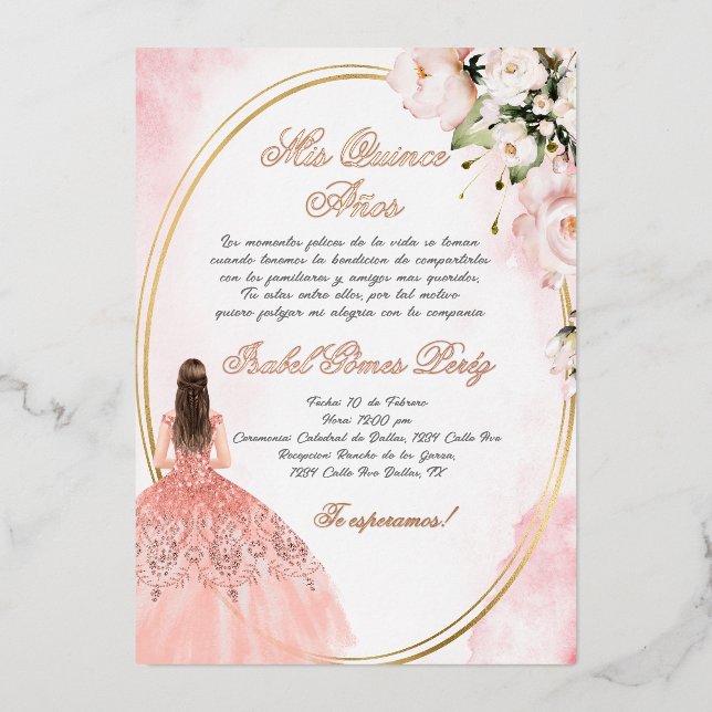 Con Relieve Metalizado Invitación a Quinceanera en español (Anverso)