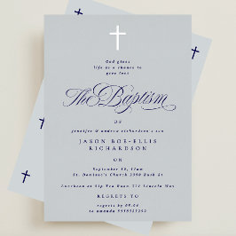 Con Relieve Metalizado Invitación al bautismo de Blue Elegant Silver Cros
