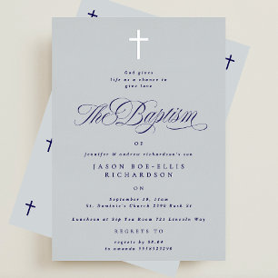 Con Relieve Metalizado Invitación al bautismo de Blue Elegant Silver Cros