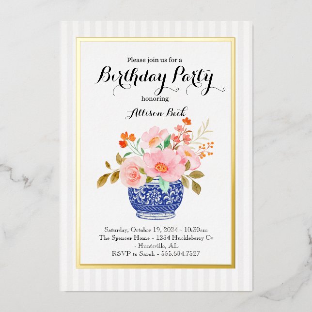 Con Relieve Metalizado Invitación al florero de Chinoiserie (Anverso)