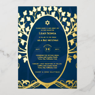 Con Relieve Metalizado Invitación Bar Mitzvah FOIL REAL Árbol de la Vida