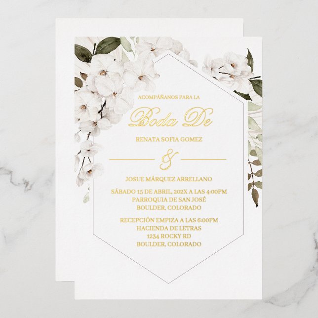 Con Relieve Metalizado Invitación Boho blanco para boda  (Anverso/Reverso)