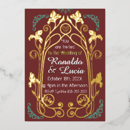 Con Relieve Metalizado Invitación botánica Art Nouveau Gold Green