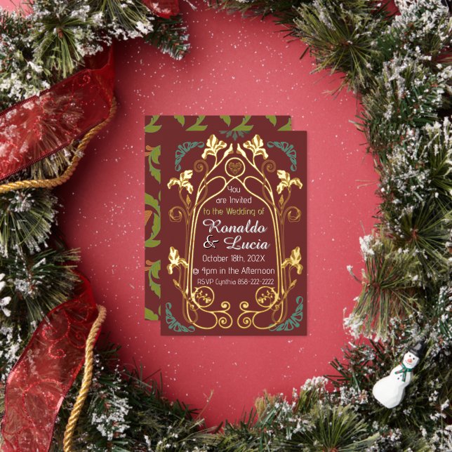 Con Relieve Metalizado Invitación botánica Art Nouveau Gold Green (in situ)