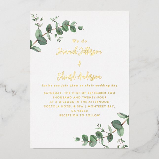 Con Relieve Metalizado Invitación botánica de Eucalipto verde Boda Reliev (Anverso)