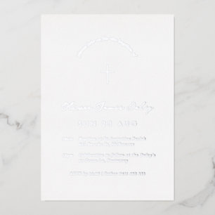 Con Relieve Metalizado Invitación cruzada de bautismo mínimo blanco