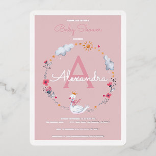 Con Relieve Metalizado Invitación de Baby Shower de Cisne Rosa Floral Niñ