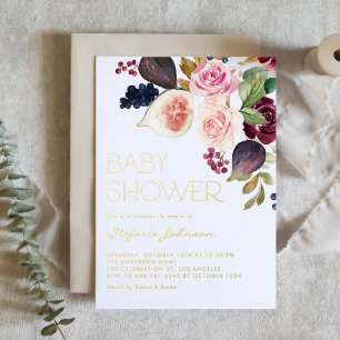 Con Relieve Metalizado Invitación de Baby Shower de Flores y Higos Burgun