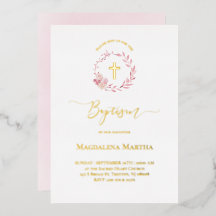 invitación de bautizo acuarela corona rosa polvori