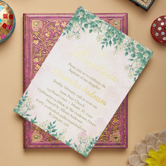 Con Relieve Metalizado Invitación de Bautizo de Floral Verde Acuarela par