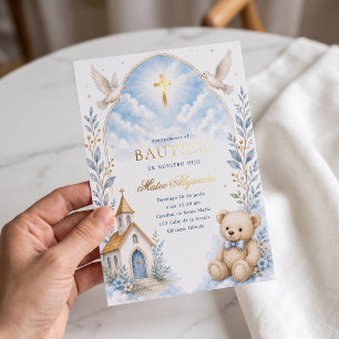 Con Relieve Metalizado Invitación de Bautizo de Oso de Peluche Cielo Azul