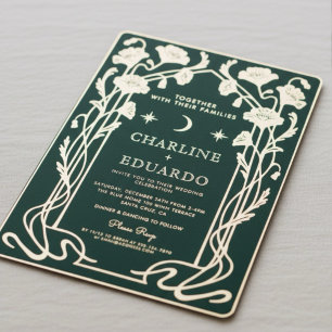 Con Relieve Metalizado Invitación de boda Art Nouveau verde bosque y dora