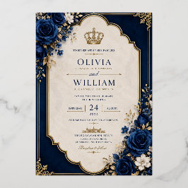 Con Relieve Metalizado Invitación de boda azul Corona Real