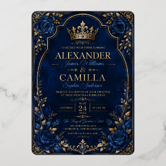 Con Relieve Metalizado Invitación de boda azul real y corona dorada | Azu