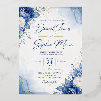 Con Relieve Metalizado Invitación de boda Blue Elegance | Daniel & Sophia