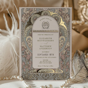 Con Relieve Metalizado Invitación de boda botánica Art Nouveau en rosa or