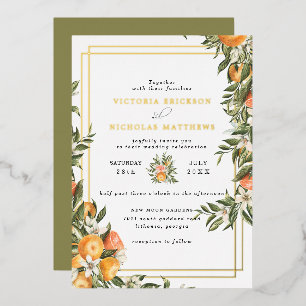 Con Relieve Metalizado Invitación de boda botánica boho Huerto de cítri