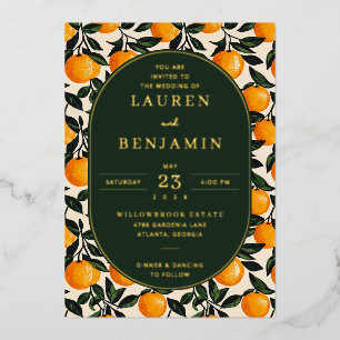 Con Relieve Metalizado Invitación de Boda Botánica de Naranja Alegre