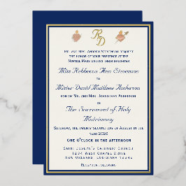 Con Relieve Metalizado Invitación de boda católica Blue & Gold Two Hearts