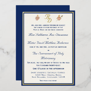 Con Relieve Metalizado Invitación de boda católica Blue & Gold Two Hearts